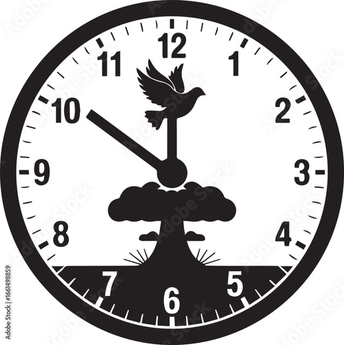 Clock showing nuclear explosion and dove of peace at the end of time