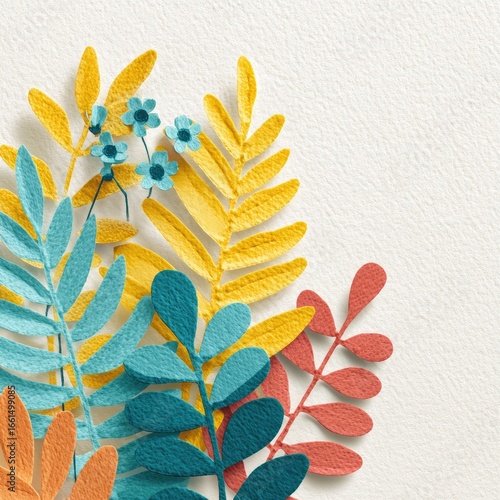 Colorful paper cut-out foliage arrangement.  A cluster of vibrant paper leaves and flowers in yellow, teal, orange, and red, against a creamy white background