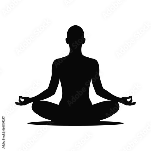 Silhouette illustration of person in seated meditation pose with mudra gesture, symbolizing mindfulness, inner peace, and spiritual wellness