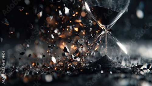 Hourglass with exploding sand, dramatic, dark