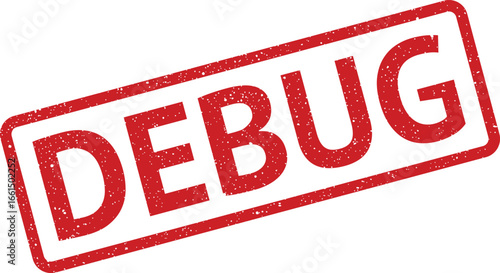 Distressed red DEBUG rubber stamp icon, software error concept for design