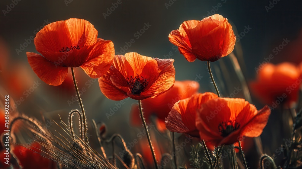 Obraz premium Beautiful orange poppy flowers blooming in a serene field during sunset in early spring