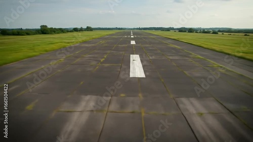 Aerial View of Abandoned Runway: Grassy Fields and Sky