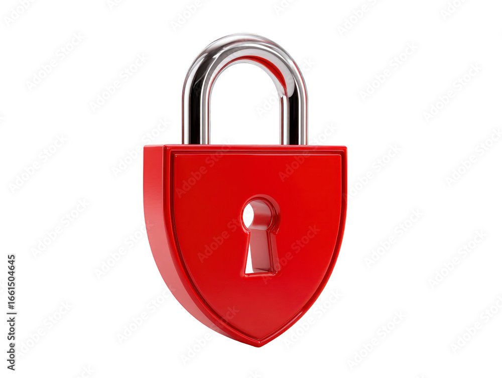Naklejka premium Red padlock with shield shape, shiny metallic shackle, and keyhole symbolizing security, protection, privacy, and safety, isolated on transparency background