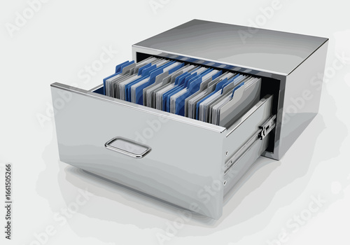 Metallic file cabinet drawer with folders representing archiving, records storage and office organization