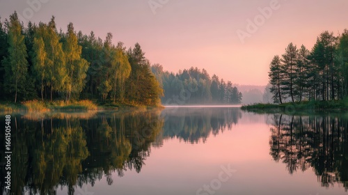 Morning fog blankets a tranquil lake surrounded by lush trees and misty hills near a serene forest