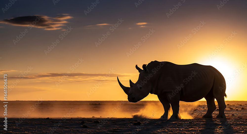 Fototapeta premium A majestic rhinoceros stands silhouetted against a vibrant African sunset, kicking up dust on the dry savanna.