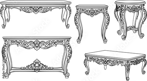 Set of sketched silhouettes Classic royal ornament table furniture. Vector