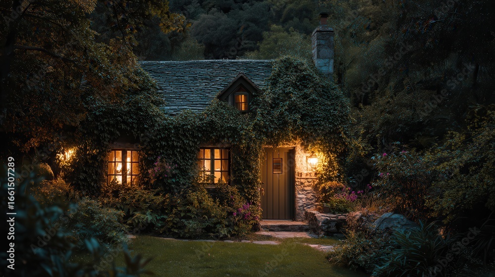 Obraz premium Cozy stone cottage surrounded by lush greenery in a serene forest setting during twilight hours