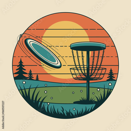 Retro Disc Golf Illustration with Sunset and Trees Outdoor Recreation and Sports Activity Concept