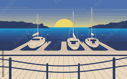 Tranquil marina scene at sunset with sailboats docked at the pier and reflections on the water surface