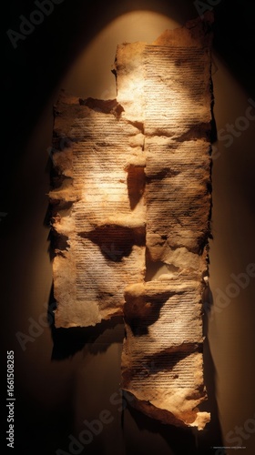 Ancient manuscript displayed under warm lighting in a museum, showcasing historical text and aged texture