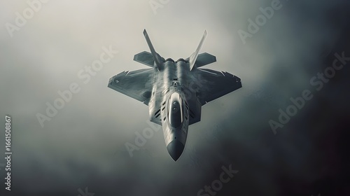 Advanced stealth tactical fighter jet head on flying through dense haze cloudy sky military aircraft air superiority modern air force technology power (Aircraft)