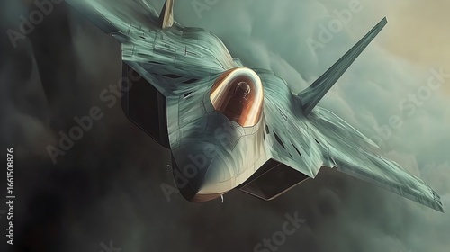Stealth fighter jet emerges from dark moody clouds front perspective advanced tactical military aircraft air force technology aerial combat air superiority power (Aircraft)