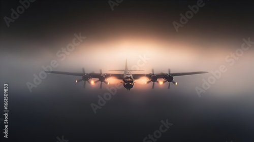 British WWII heavy bomber emerging from fog head on black and white four engine propeller aircraft RAF Bomber Command military aviation night bombing history (Aircraft)