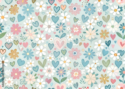 Cute Floral Pattern with Daisies and Hearts. Pastel Colors