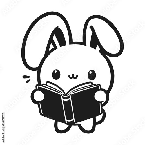 Cheerful cartoon bunny reading hardcover book in cozy monochrome sketch style, vector
