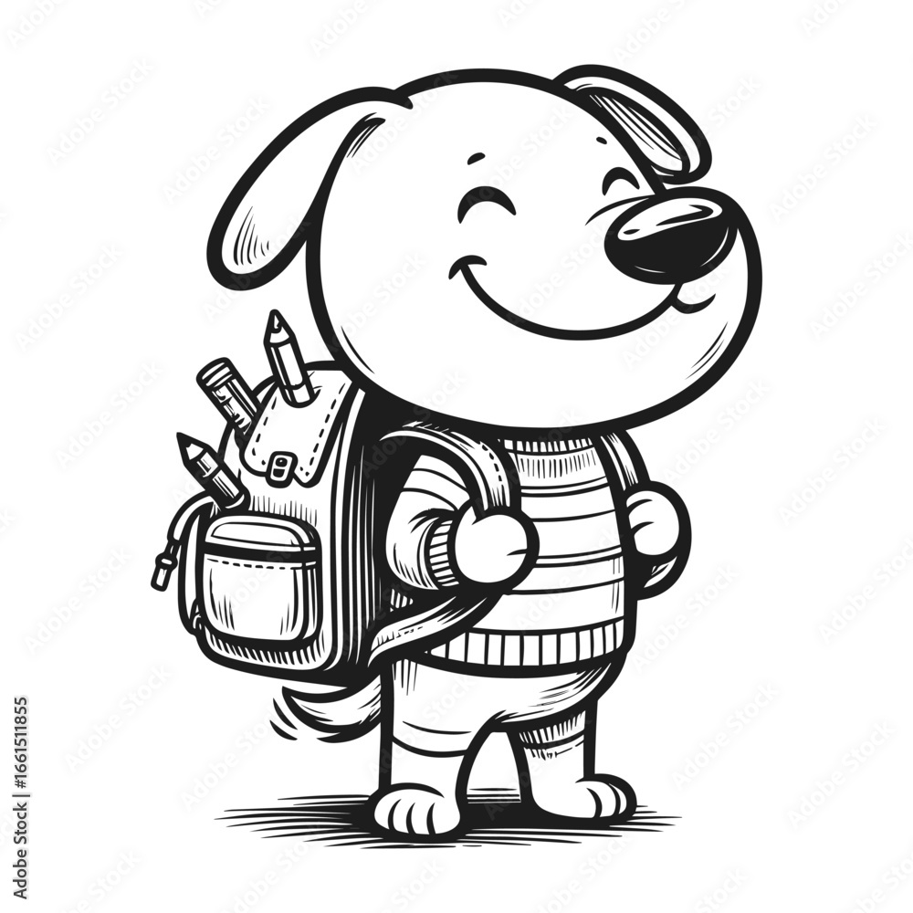 Fototapeta premium Friendly cartoon dog with backpack ready for adventure in monochrome sketch style, vector