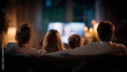 Parents and two children enjoying movie night on sofa, back view, illuminated by warm indoor lighting, depicting family bonding and home leisure time