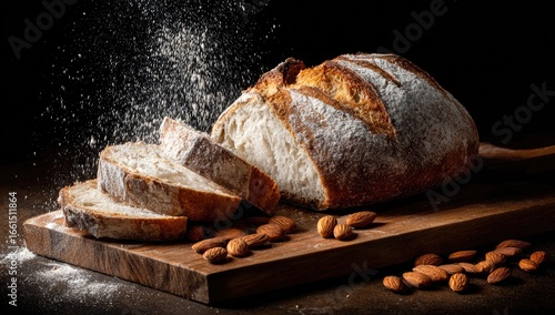 Sliced artisan bread, flour, and almonds on a wooden board