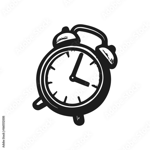 Retro cartoon alarm clock illustration in minimalist monochrome sketch style, vector