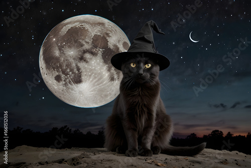 Black cat sitting in the forest at night against the background of the moon