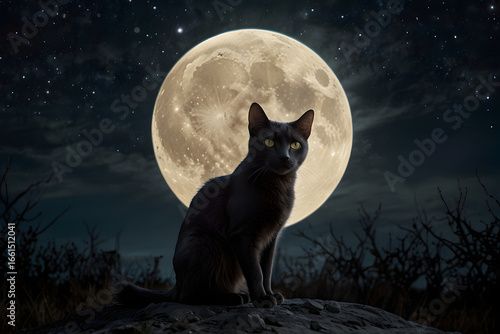 Black cat sitting in the forest at night against the background of the moon