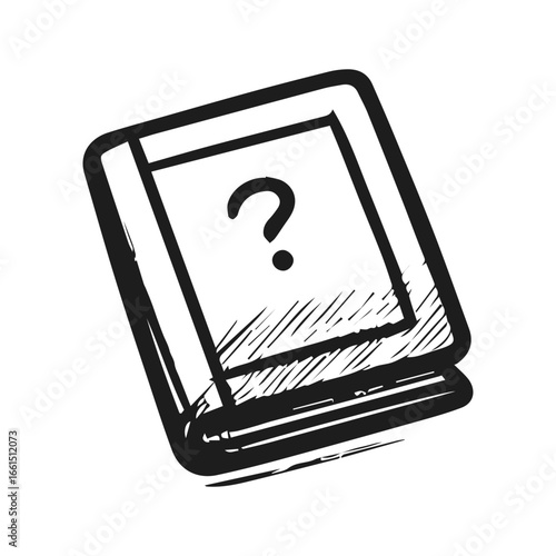 Hand-drawn sketch of mystery book with question mark in monochrome minimalist style, vector