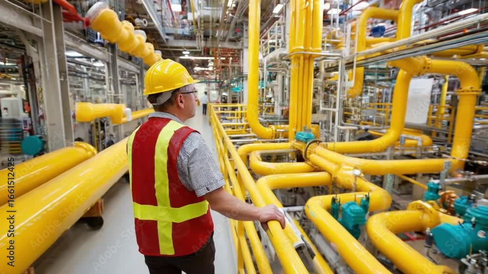 custom made wallpaper toronto digitalPrecision and Process: An engineer, clad in a safety helmet and vest, surveys the intricate network of pipelines within a modern industrial facility.