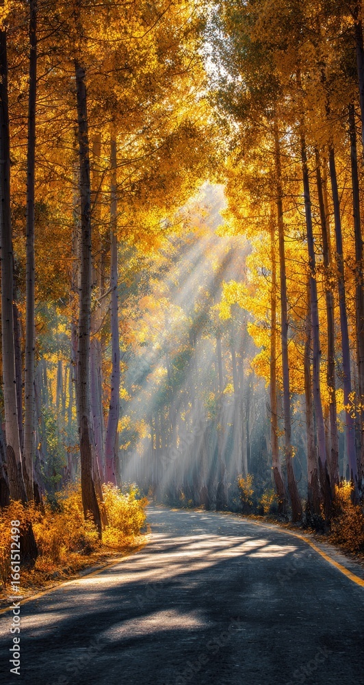 Fototapeta premium Golden sunlight streams through autumnal forest path