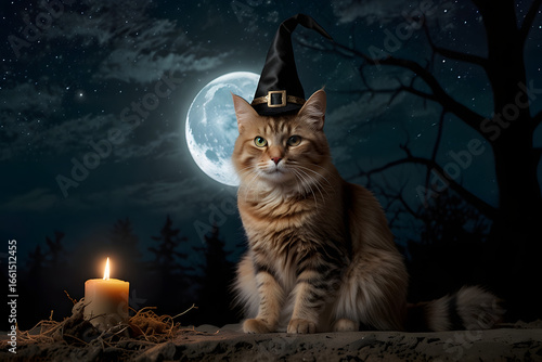 A fluffy cat in a witch's hat sits in the forest under a full moon next to a candle