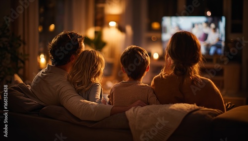 Parents and two children enjoying movie night on sofa, back view, illuminated by warm indoor lighting, depicting family bonding and home leisure time