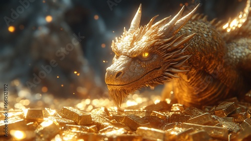 A majestic golden creature with intense eyes, guarding a hoard of shimmering gold bars in a dark, cavernous setting