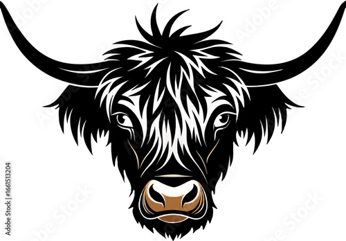 Stylized bull head illustration with tribal design elements in black and white with modern flair