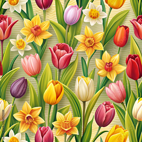 Vibrant Spring Flowers. Tulips and Daffodils in Bloom