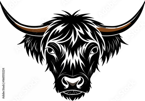 Stylized bull head illustration with tribal design elements in black and white with modern flair