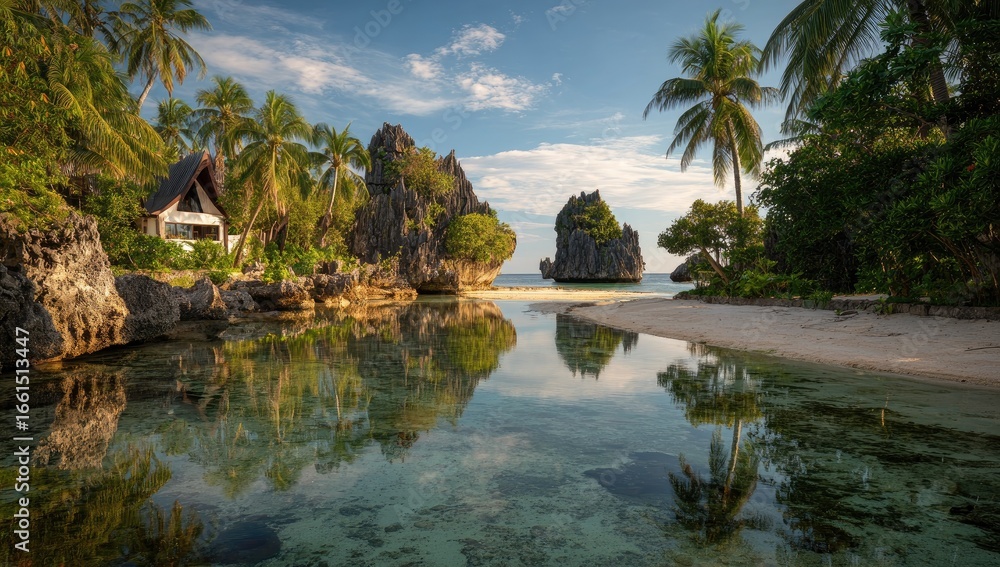Fototapeta premium Tropical lagoon reflecting a serene, secluded beach house