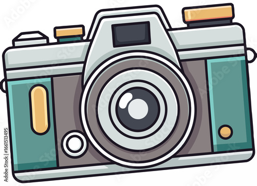 Vintage style camera cartoon illustration with lens icon for photography enthusiasts and artists