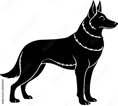Silhouette of a standing German Shepherd dog in black and white vector illustration style image