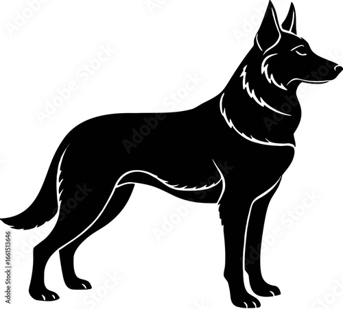 Silhouette of a standing German Shepherd dog in black and white vector illustration style image