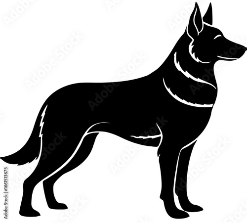Silhouette of a standing German Shepherd dog in black and white vector illustration style image