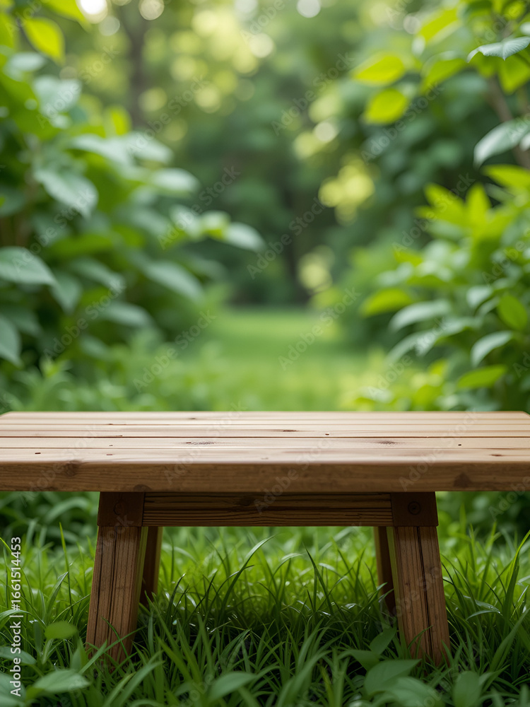 Naklejka premium A wooden table product display with lush green garden background of grass, leaves and blurred foliage.
