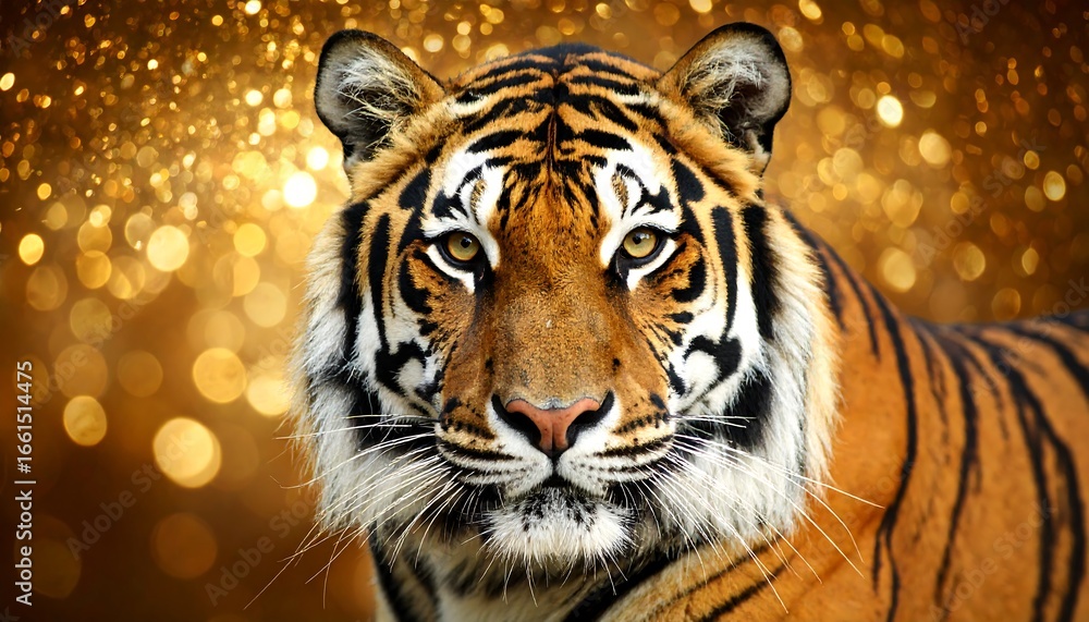 Naklejka premium Tiger portrait against golden bokeh background