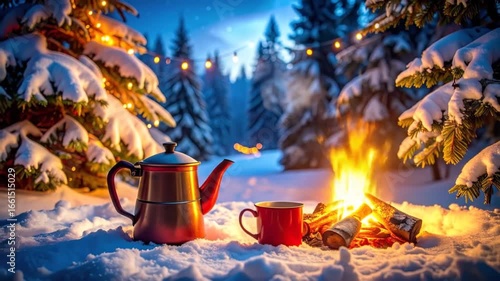 Snowy forest campfire scene
