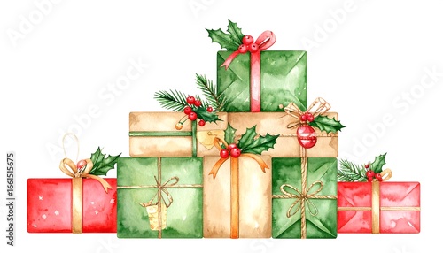 Watercolor painting of a pile of Christmas gifts