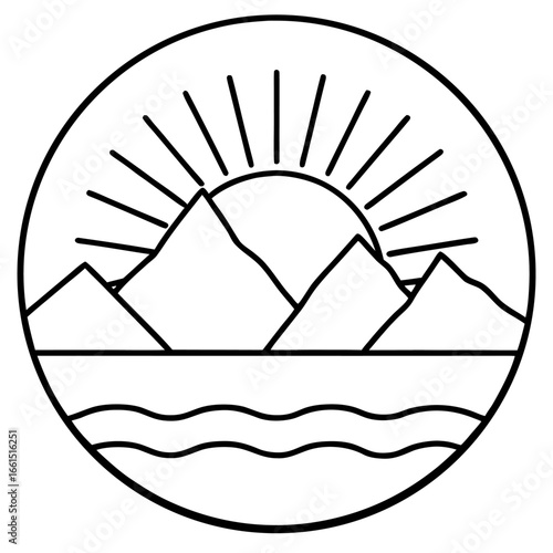 Sunrise over the mountain icon line airt vactor outline Illustrations on white background.