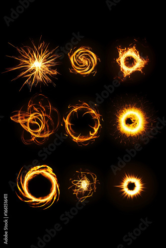 Diverse ring-shaped forms of fire and flame isolated on black