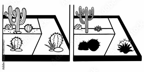 Two panels showcasing various cacti and succulent plants in a geometric terrarium design in black and white