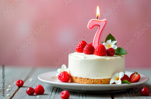 Birthday Anniversary Sweet Cake with  Burning Candle 7 Year.  an anniversary greeting card or banner. Greeting Card, Banner with Burning Birthday Party Candle a candle in the shape of the number seven