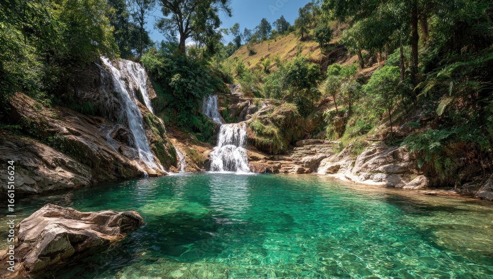 Naklejka premium Lush waterfall cascading into a tranquil emerald pool, surrounded by verdant hills